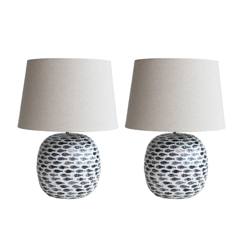 Coastal Capiz and Bamboo Table Lamp with Fish Design - 14.2"L x 14.2"W x 21.3"H