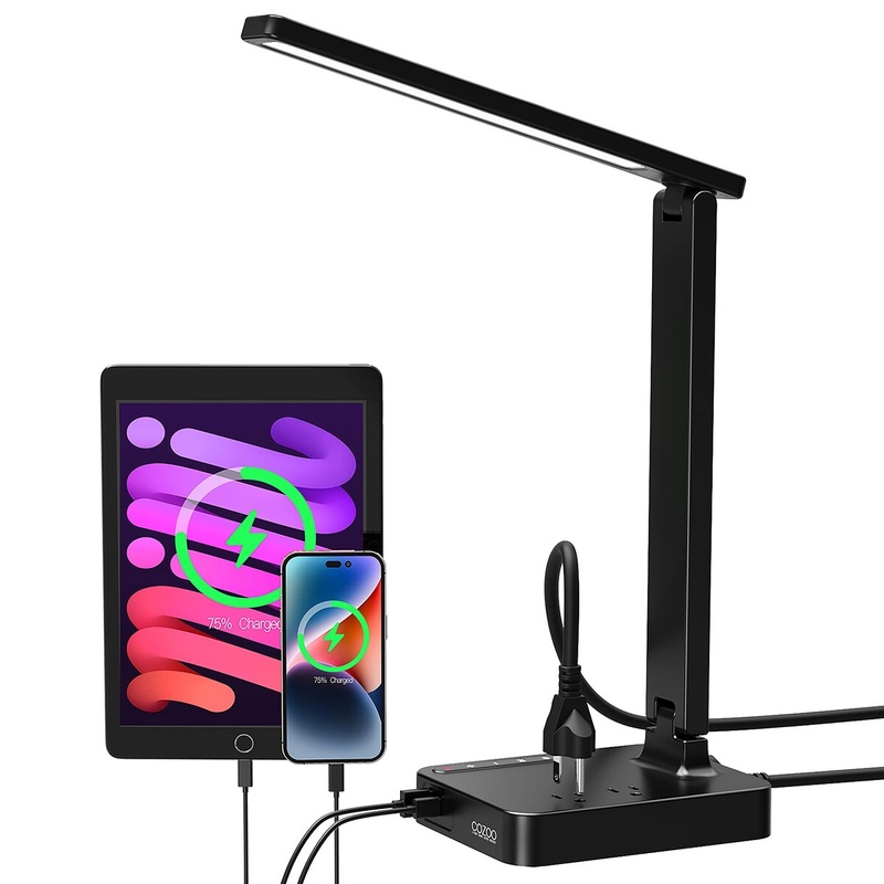 Desk Lamp,Desk Lamps for Home Office, LED Desk Lamp with 2 USB Charging Port,2 AC Outlet,3 Color Temperatures 9 Lighting Mode