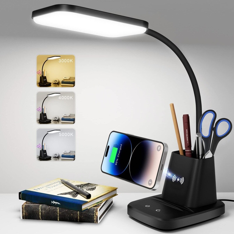 Desk Lamp, LED Desk Lamps for Home Office, Wireless Charger Small Desk Lamp with Pen Holder, 3 Color Modes, Dimmable, CRI 85