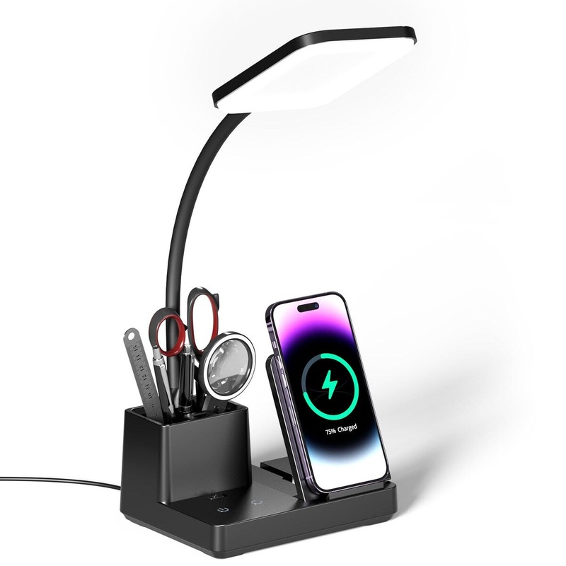 Desk Lamp with Wireless Charger USB Charging Port, Eye-Caring Desk Lamp for Home Office with Pen Holder
