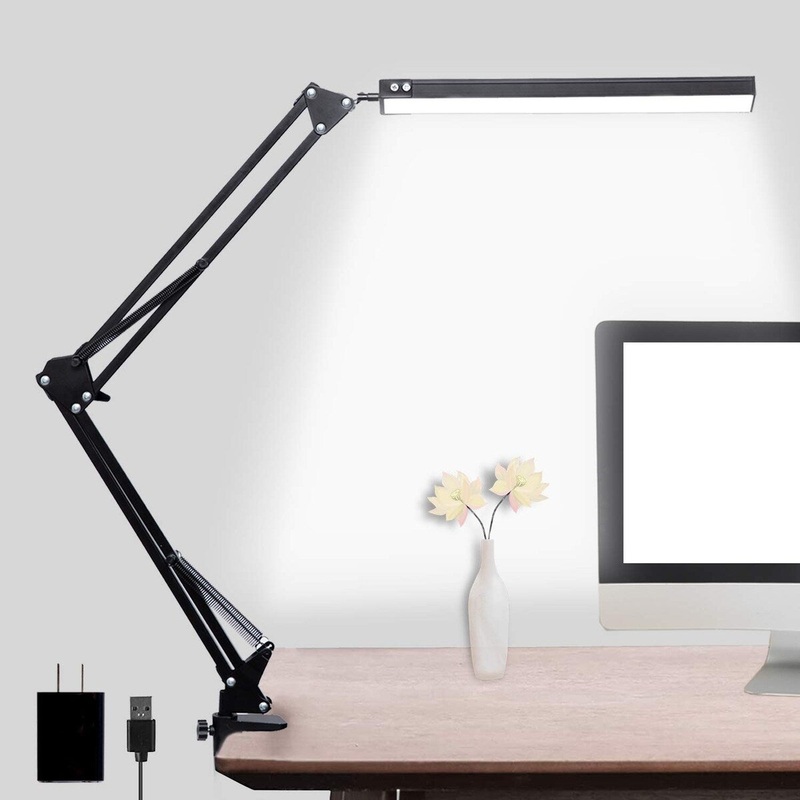 LED Desk Lamp, Adjustable Swing Arm Lamp with Clamp, Eye-Caring Reading Light, 10 Brightness Levels, 3 Lighting Modes