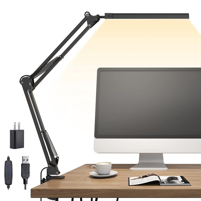 LED Desk Lamp, Swing Arm Desk Light with Clamp, 3 Lighting 10 Brightness Eye-Caring Modes, Reading Desk Lamps