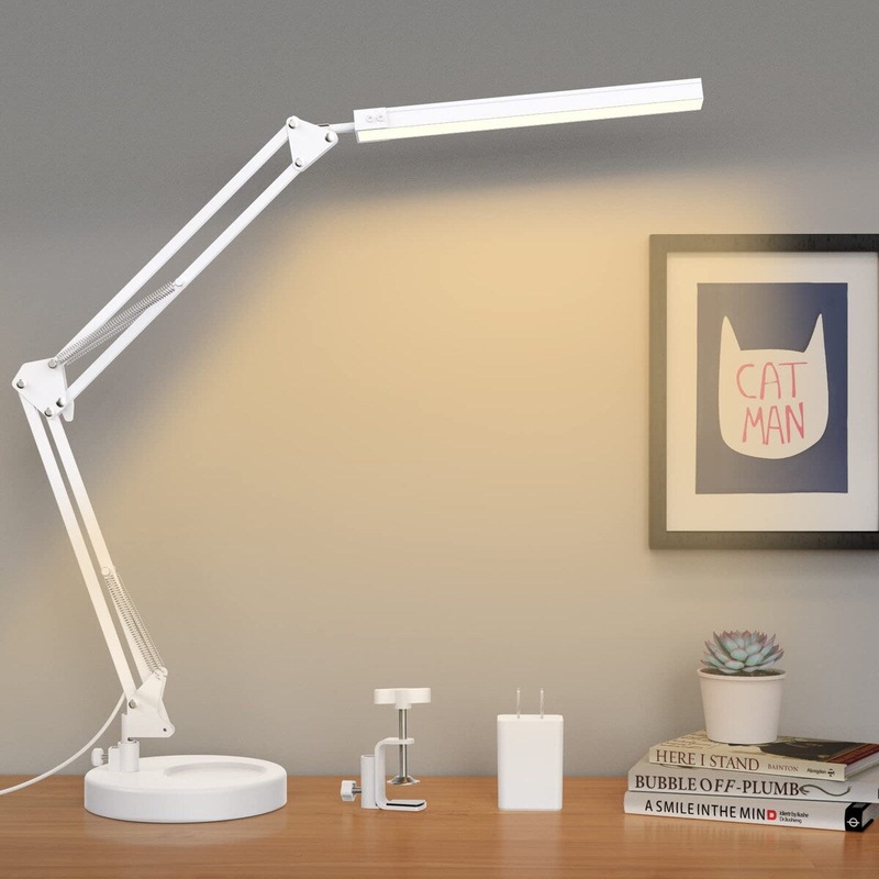 LED Desk Lamp with Clamp and Round Base,Eye Caring Table Lamp with Swing Arm,3 Color Modes 10 Brightness Levels,Memory Function