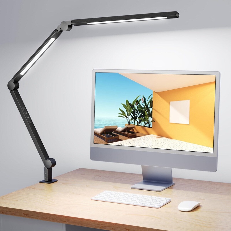 LED Desk Lamp with Clamp, Dual Light Desk Lamp with Swing Arm, 4 Color Modes & 4 Brightness Metal Table Lamp