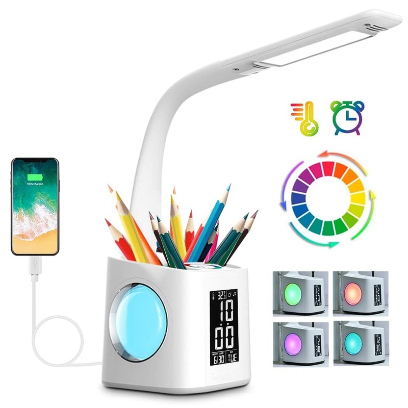 LED Desk Lamp with Clock,Color Changing Nightlight,Study Lamp with Pen Holder,Desk Light with USB Charger,Table Light
