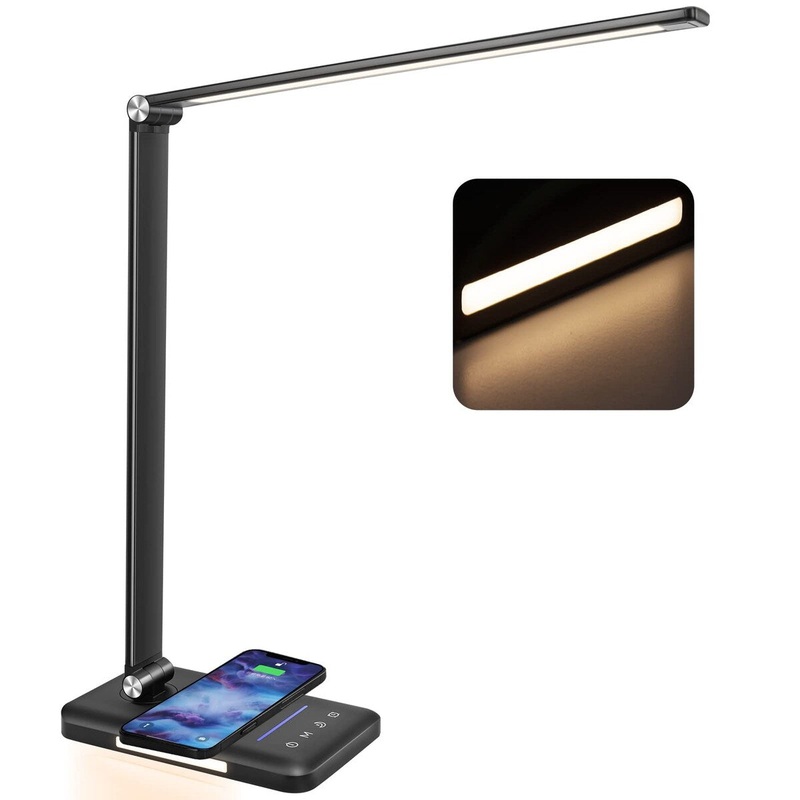 LED Desk Lamp with Night Light, Fast Wireless Charger, 10 Brightness, 5 Color Modes, Dimmable Bedside Table Lamp