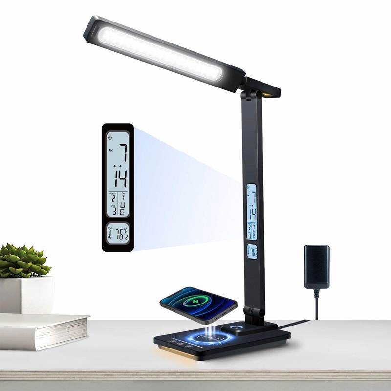 Led Desk Lamp with Wireless Charger, Desk Lamps with Clock, Alarm, Date, Temperature | Desk Light with Night Light