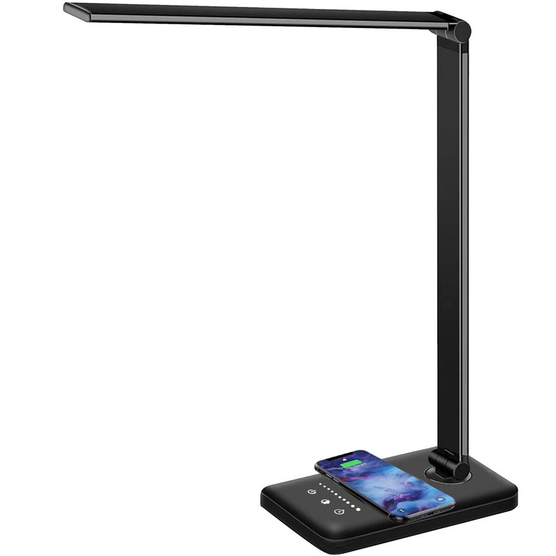 LED Desk Lamp with Wireless Charger, USB Charging Port, Dimmable Eye-Caring Desk Light with 5 Brightness Levels