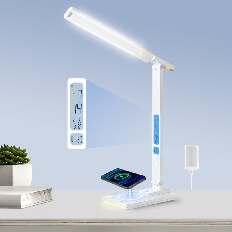 Led Desk Lamp with Wireless Charger, White Desk Lamps for Home Office with Clock, Alarm, Date, Temperature