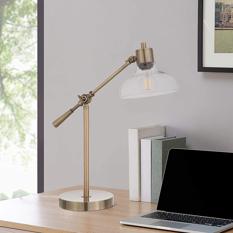 Q-Max Industrial Adjustable Height Desk Lamp with Glass Shade in Brushed Brass
