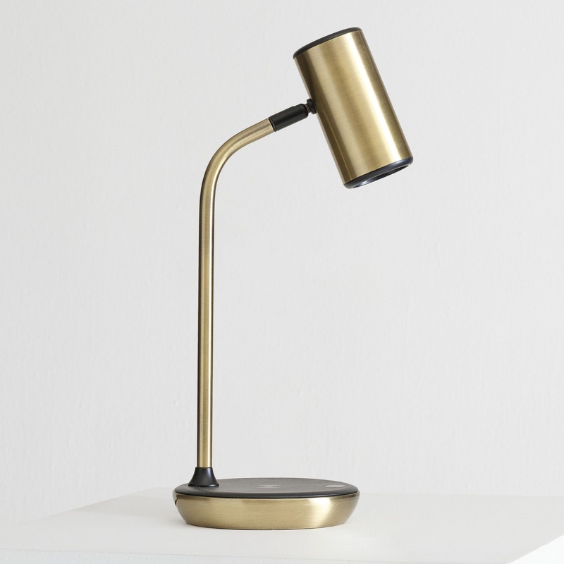 Brightech Ezra 16.5 in. Antique Brass Dimmable LED Industrial Desk Lamp with Wireless Charging Pad and Adjustable Lamp Head