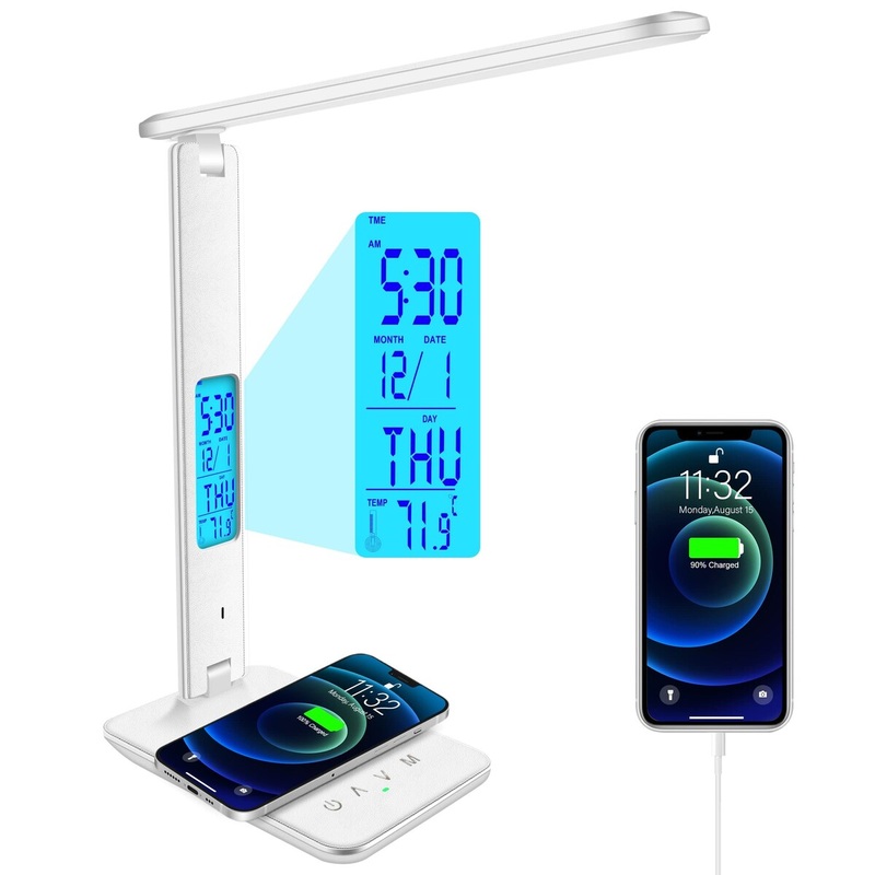 Desk Light with Wireless Charger, USB Charging Port, Dimmable Office Desk Lamp with Clock, Alarm,Temperature, Foldable Lamp
