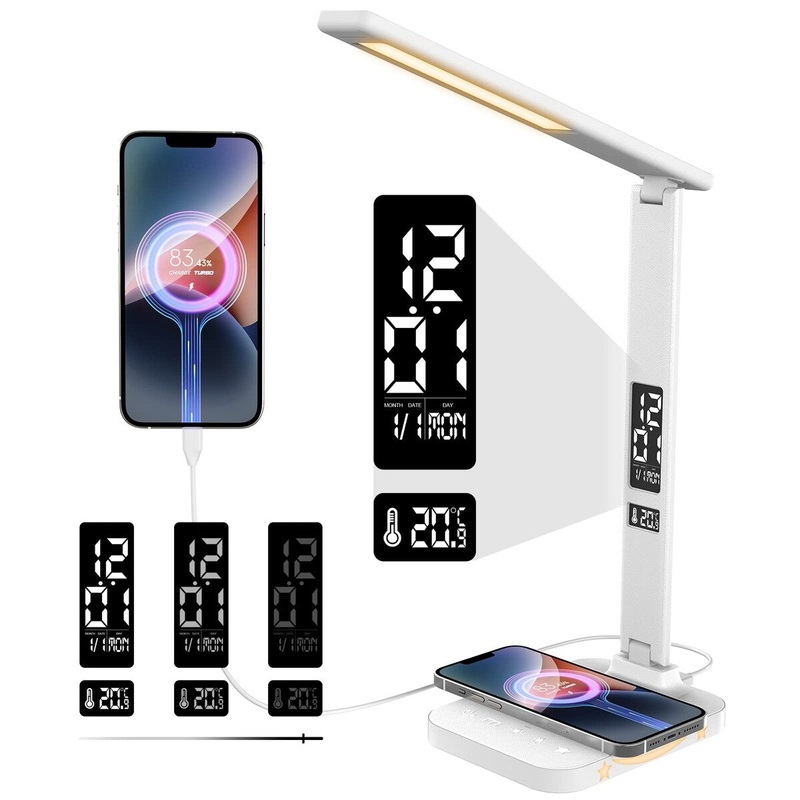 LED Desk Lamp for Study Home Office with 10W Charger & USB Port,LCD Display with Calendar Date Temperature Zoning Display