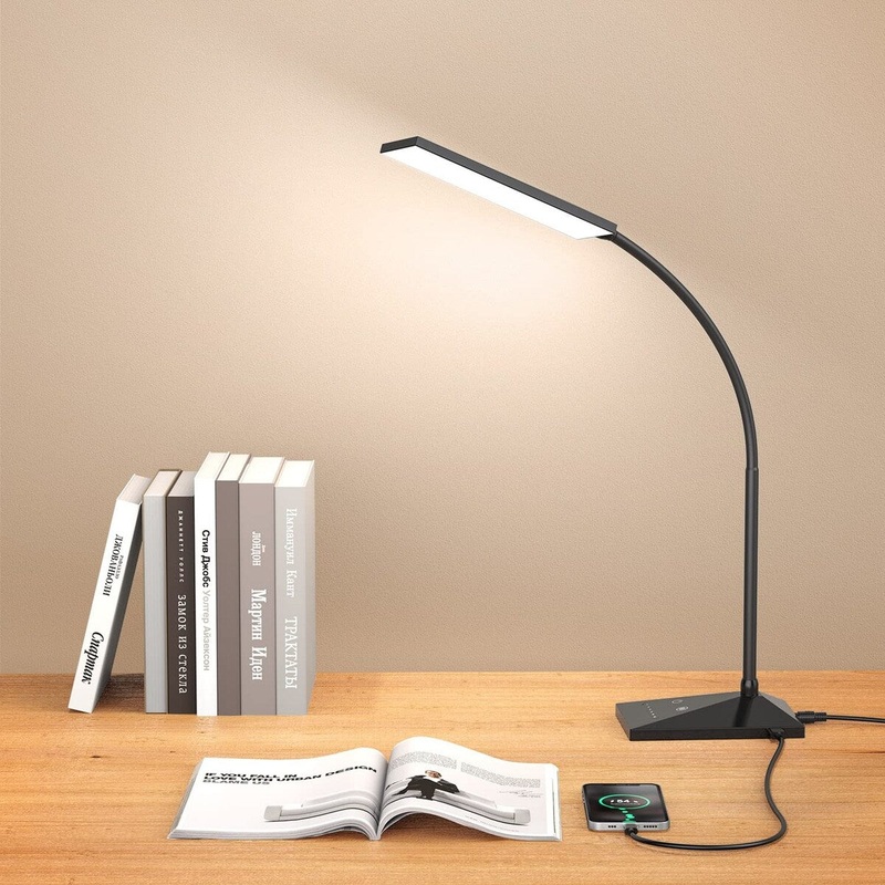 LED Desk Lamp with USB Charging Port, Eye-Caring, 5 Color Modes,6 Brightness Levels, Touch Control, Flexible Gooseneck