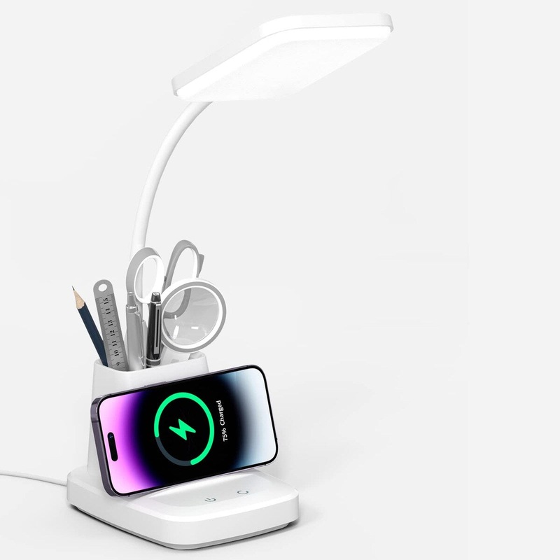 LED Desk Lamp with Wireless Charger for Home Office, Small with Pen Holder, 800LM,3 Color Modes,Gooseneck