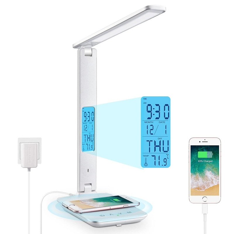 LED Desk Lamp with Wireless Charger, USB Charging Port, Adjustable Foldable Table Lamp with Clock, Alarm, Date, Temperature