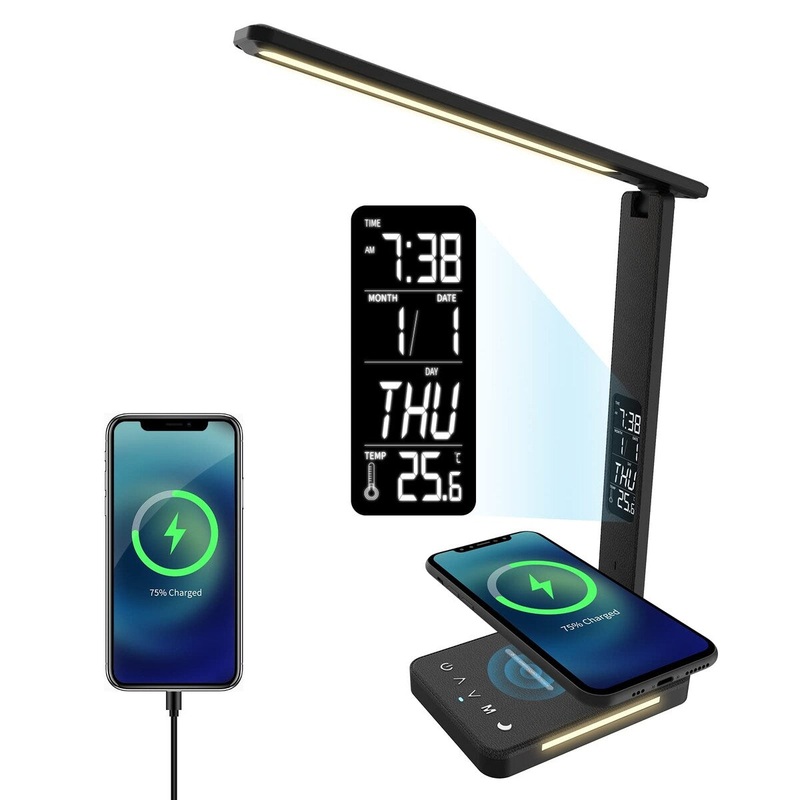 LED Desk Lamp with Wireless Charger, USB Charing Port for Home Office, Dimmable Eye-Protecting Desk Light with Night Light