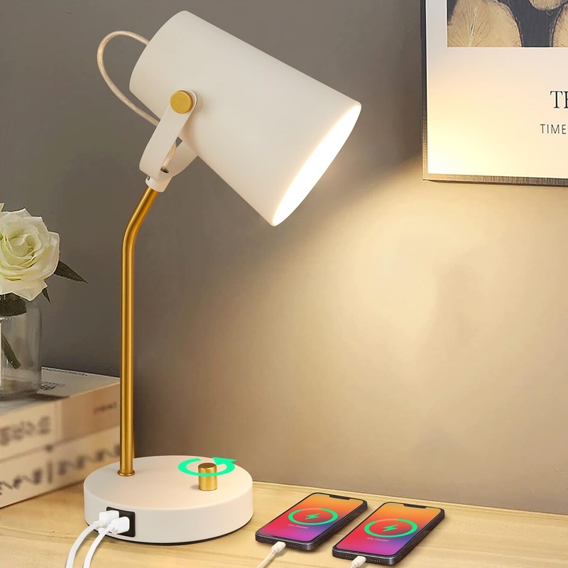Retro LED Desk Lamp with USB C+A Charging Ports, Dimmable Touch Bedside Reading Lamp Flexible Head