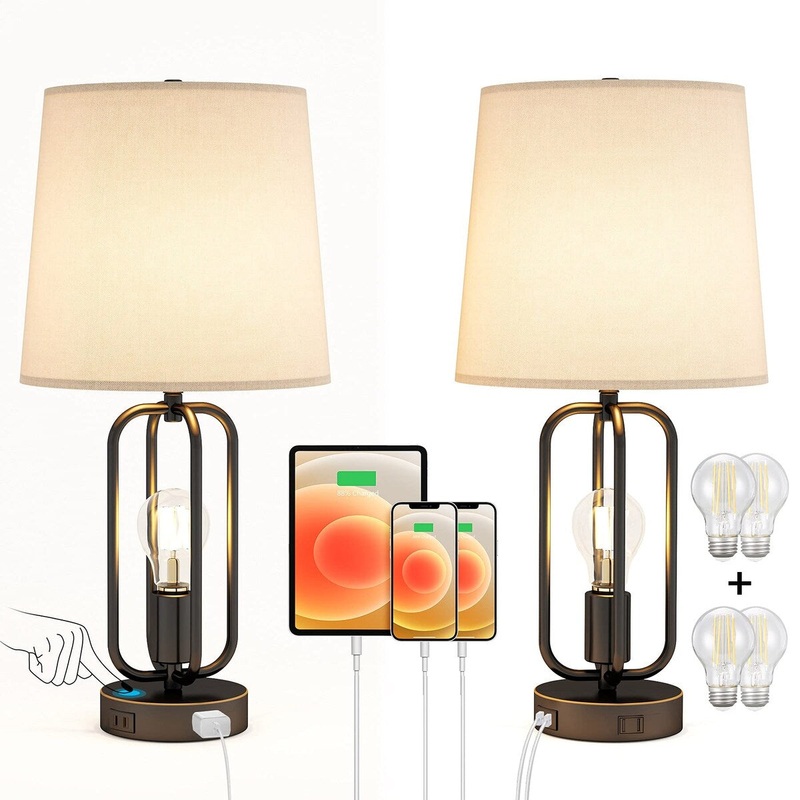 Set of 2 Table Lamps, 3-Way Dimmable Modern Farmhouse Bedside Nightstand Lamp for Bedroom, Living Room