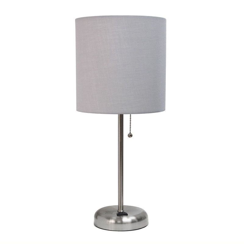 Creekwood Oslo 19.5" Bedside Power Outlet Base Metal Table Desk Lamp - Brushed Steel/Gray Shade - 9x9x15