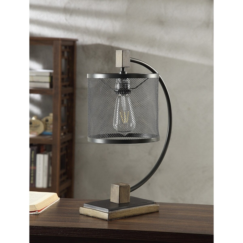 Metal and Wood Arc Desk Lamp with Metal Mesh Shade