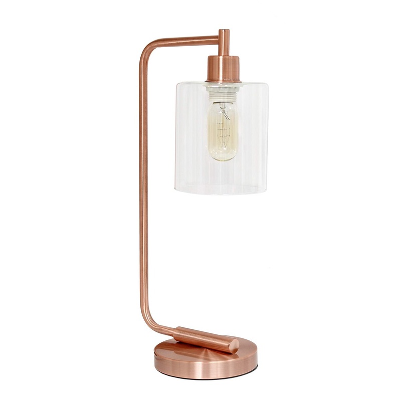 Bronson Antique Style Industrial Iron Lantern Desk Bedside Glass Shade Table Lamp, Rose Gold