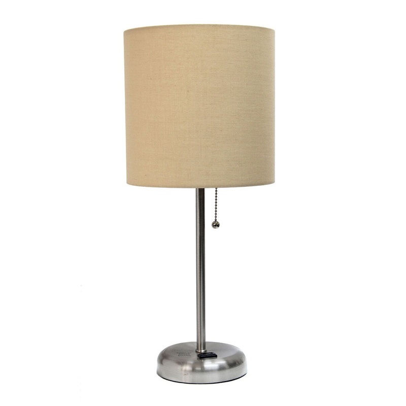 Creekwood Home Oslo 19.5" Bedside Power Outlet Base Metal Table Lamp - Brushed Steel/Tan Shade - 9x9x15