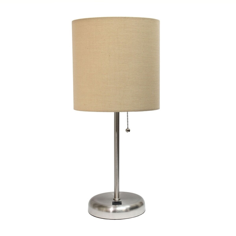Creekwood Home Oslo 19.5" Bedside Usb Port Feature Metal Table Lamp - Brushed Steel/Tan Shade - 9x9x15