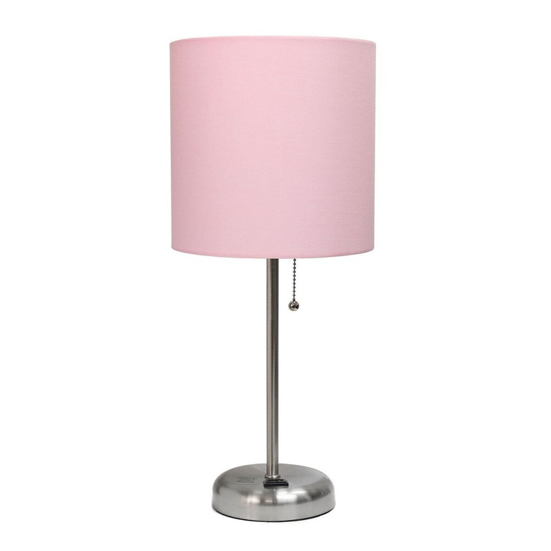 Creekwood Home Oslo 19.5" Power Outlet Base Standard Metal Desk Lamp - Brushed Steel/Light Pink Shade - 9x9x15
