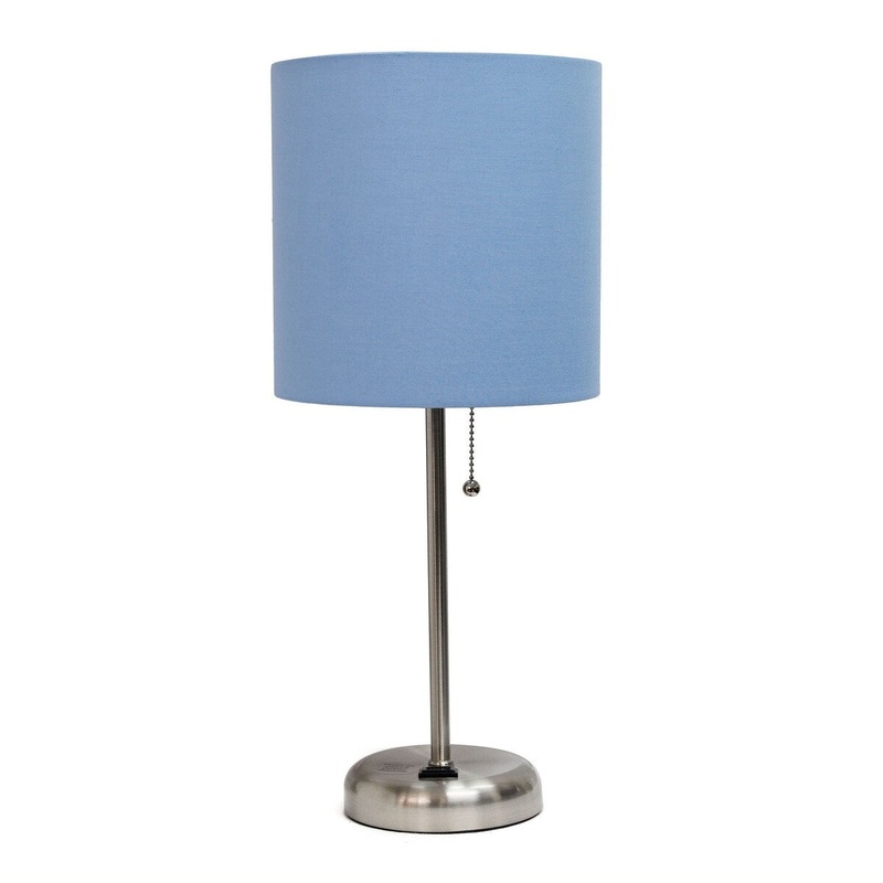 Creekwood Home Oslo 19.5" Power Outlet Standard Metal Table Desk Lamp - Brushed Steel/Blue Shade - 9x9x15