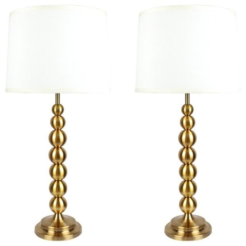 Set of 2 Stacked Ball Table Lamps, Antique Gold With Cream Shades