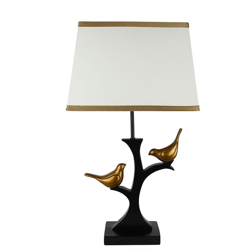 Resting Bird Table Lamp with Shade, Black with Gold Birds & Cream Shade