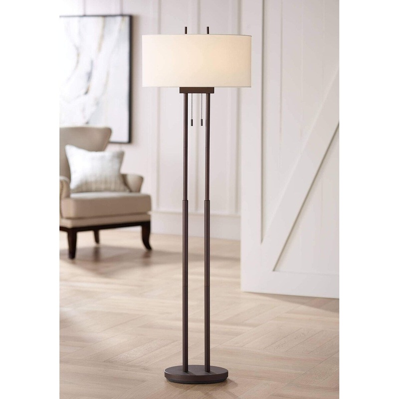 Floor Lamp 62" Tall Oil Rubbed Bronze Brown Twin Poles White Fabric Hardback Oval Shade Decor for Living Room Reading Bedroom