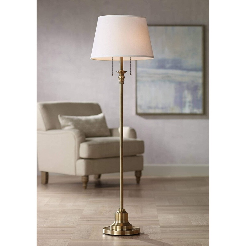 Floor Lamp Standing 58" Tall Brushed Antique Brass Gold Metal Thin Column Off-White Linen Fabric Empire Shade for Living Room