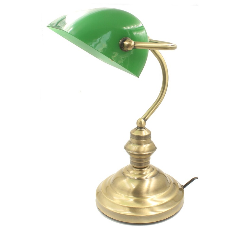 Rudy Green Glass and Gold Brass Bankers 15-inch Desk Lamp