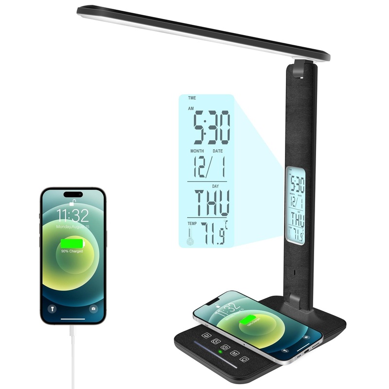 Desk Lamp, Desk Light with Wireless Charger, USB Charging Port, Dimmable Office Desk Lamp with Clock, Alarm, Date, Temperature