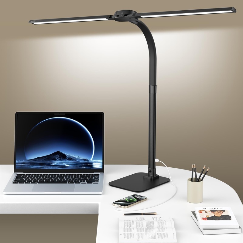 Desk Lamp with USB Charging Port 24w Architect Remote Base Dual Task Led Light 5 Color Modes Dimmable Adjustable Gooseneck