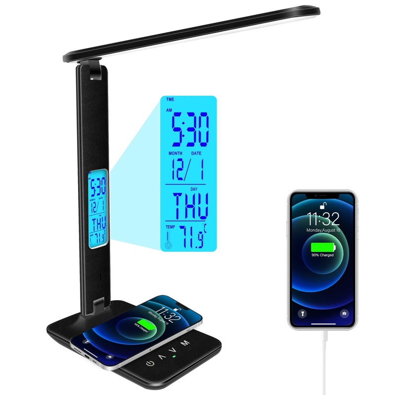 Desk Light with Wireless Charger, USB Charging Port, Dimmable Office Desk Lamp with Clock, Alarm, Date, Temperature