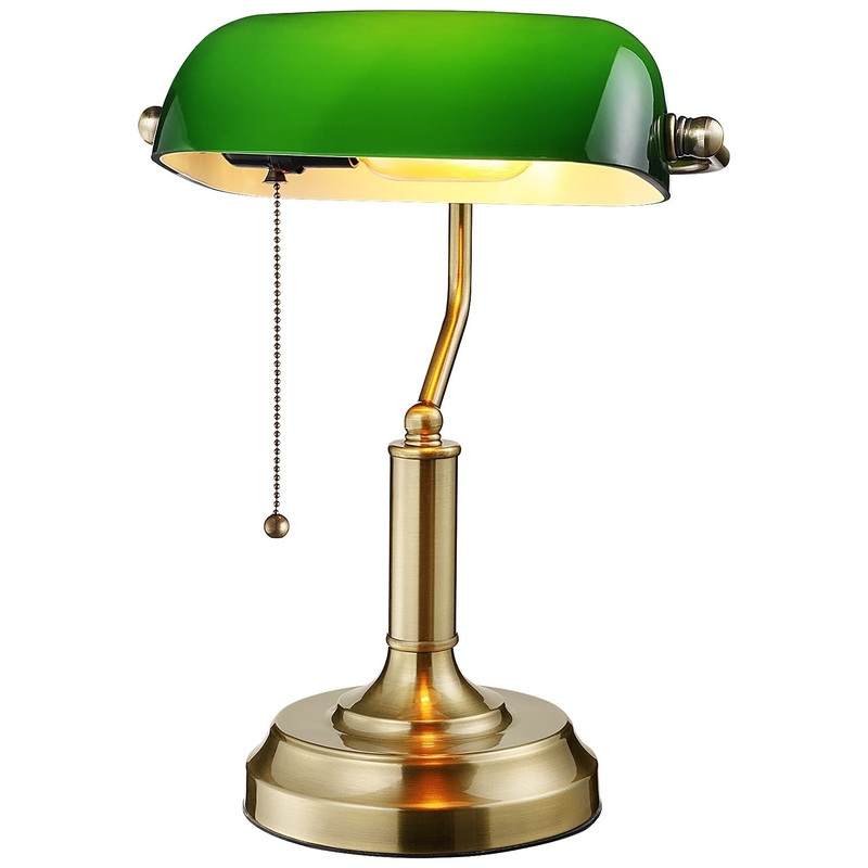 Green Glass Bankers Desk Lamp, UL Listed, Antique Desk Lamps with Brass Base, Traditional Library Lamp with Pull Chain, E26 Base