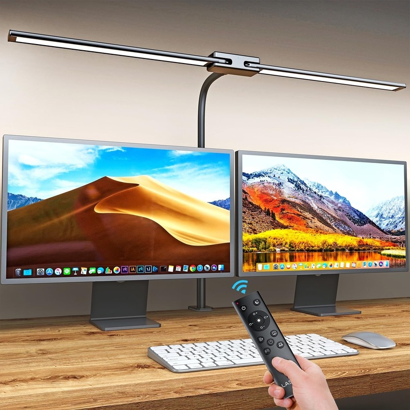 LED Desk Lamp with Remote Control  32.5" Wide Double Head, Architect Desk Lamp for Home Office with Clamp, Timer