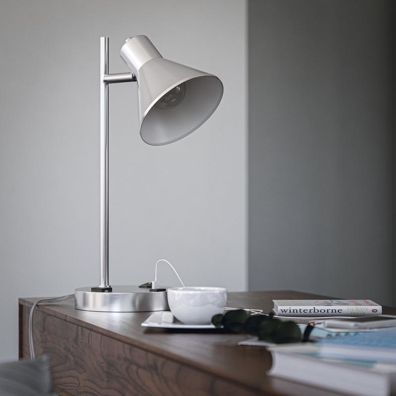 Poplar Brushed Steel Outlet, USB, and Rocker Switch Desk Lamp - 11" x 18"