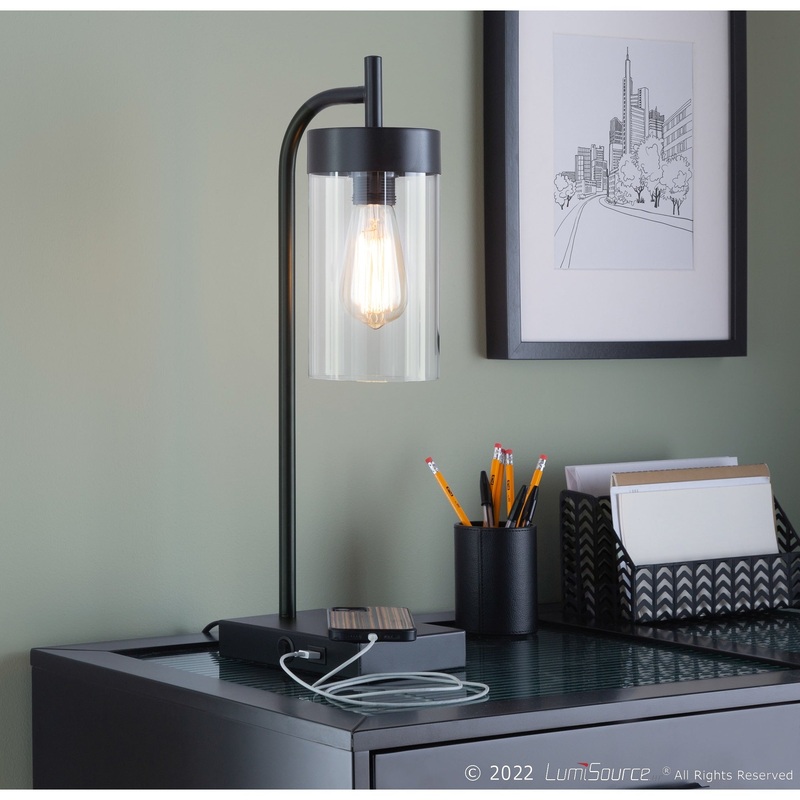 Puck 21" Metal Desk Lamp w/ USB Port in Base & Glass Shade