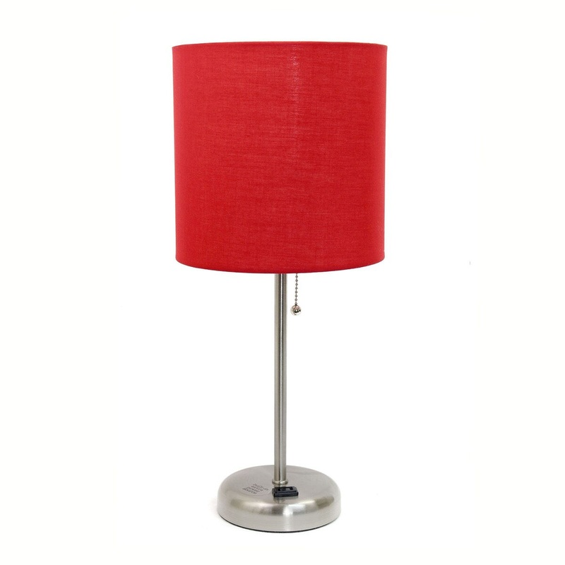 Creekwood 19.5" Bedside Power Outlet Base Standard Metal Table Lamp - Brushed Steel/Red Shade - 9x9x15