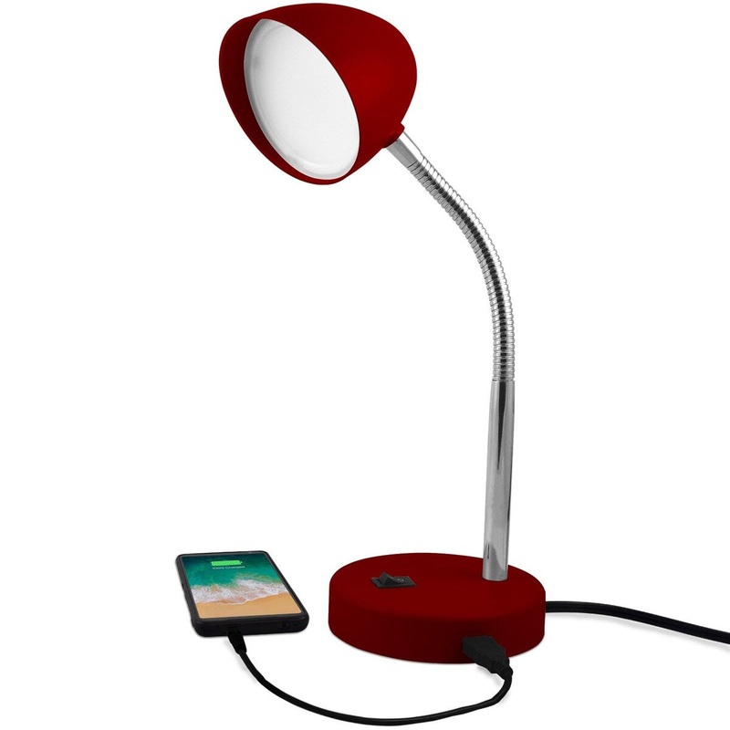 MaxLite LED Desk Lamp with USB Charging Port, Burgundy Desk Lamp, Adjustable Neck, On/Off Switch, Warm Gentle Light - Red