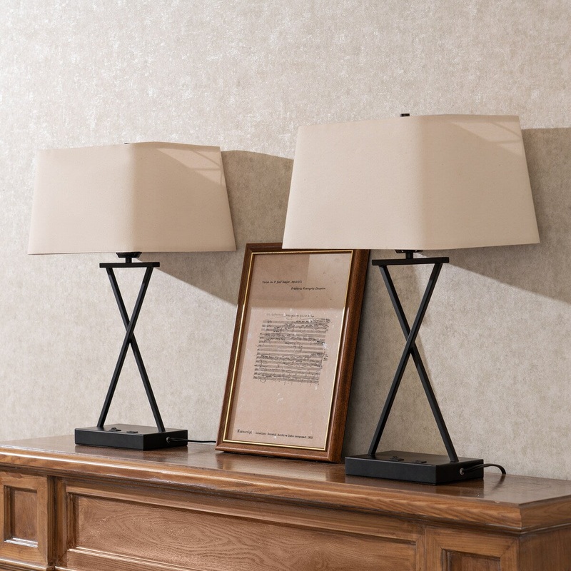 CO-Z Set of 2 Table & Desk Lamps w X Frame Fabric Shade USB Ports