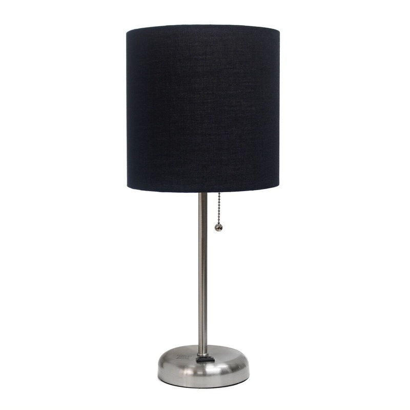 Creekwood Home Oslo 19.5" Bedside Power Outlet Base Metal Table Lamp - Brushed Steel/Black Shade - 9x9x15
