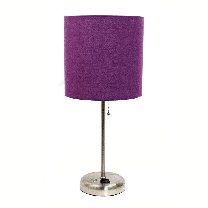 Creekwood Home Oslo 19.5" Bedside Power Outlet Metal Table Desk Lamp - Brushed Steel/Purple Shade - 9x9x15