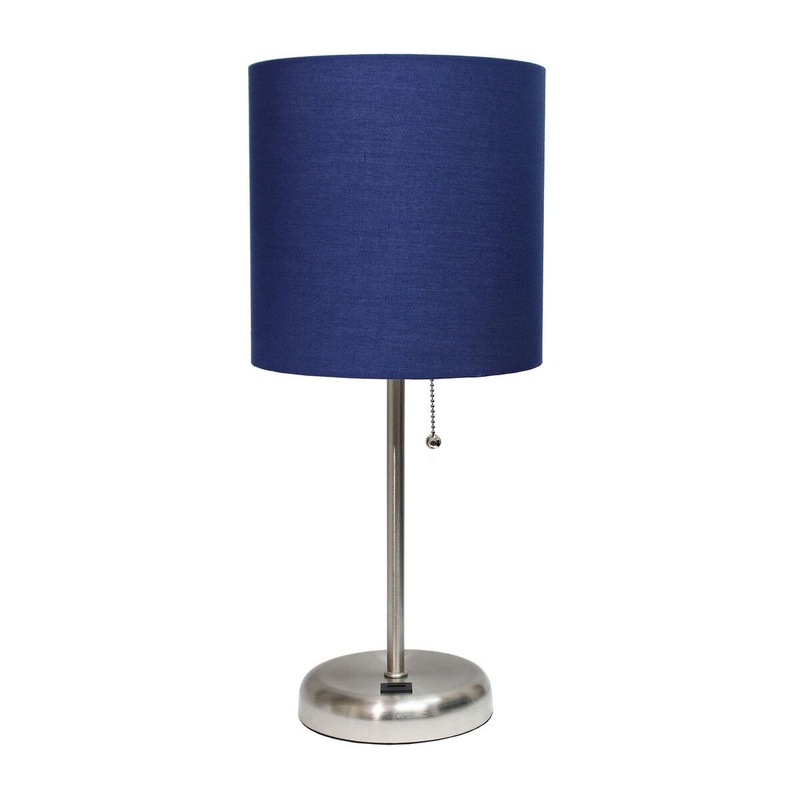 Creekwood Home Oslo 19.5" Bedside Usb Port Feature Metal Table Lamp - Brushed Steel/Navy Blue Shade - 9x9x15