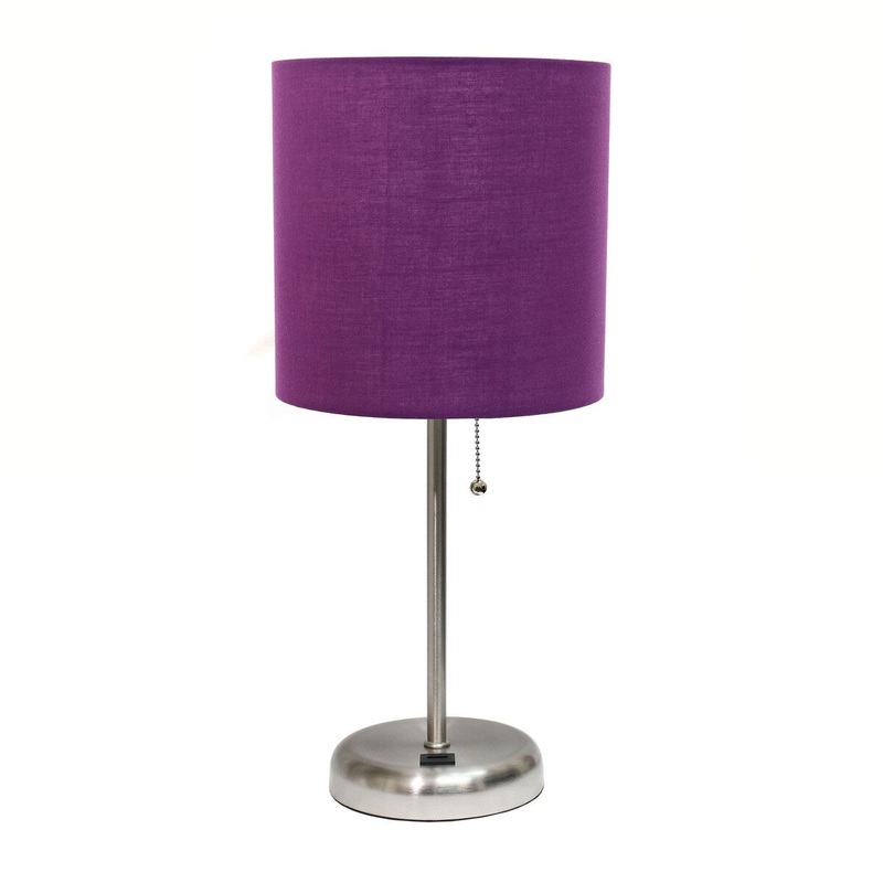 Creekwood Home Oslo 19.5" Bedside Usb Port Feature Standard Metal Table Desk Lamp - Brushed Steel/Purple Shade - 9x9x15
