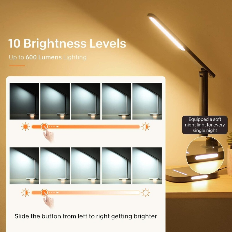 LITOM LED Desk Lamp, Eye-Caring Office Table Lamps with Night Light, 10 Brightness, USB Charging, 1H Timer, Touch Control, Black